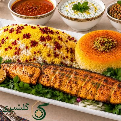 چلو زرشک با ماهی کبابی قزل آلا گلشیری